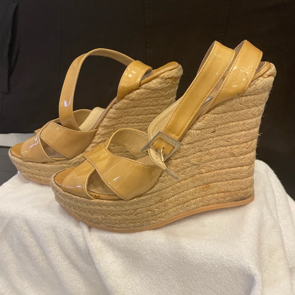 Jimmy Choo Espadrille Wedges - Tan Patent Leather  Sz- 7